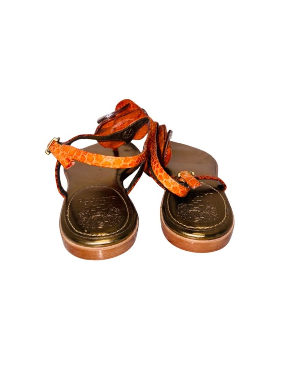 Vince Camuto Orange Snake-Embossed Flat Sandal Women 9 Gold Leather Flower Accen - Picture 8 of 11